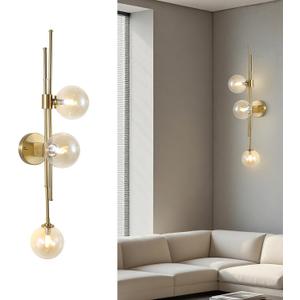 3-Light Glass Wall Sconces Mid Century Modern Globe Wall Light Fixtures Bathroom Vanity Lights with Glass Shade, Indoor Wall Light for Bedroom Living Room Hallway (Amber)