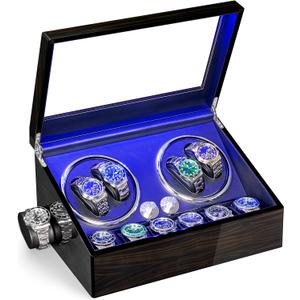 ANWBROAD Watch Winder for Automatic Watches 4 Watch Rotator and 6 Extra Storages with Super Quiet Motor LED Backlight Watch Turner Piano Paint Watch Shaker 4 Rotating Modes USB UJWW002E