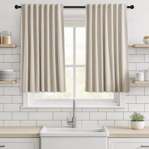 Blackout Curtains 42 Inch Long 2 Panels Set, Room Darkening Noise Reducing Thermal Insulated Drapes, Textured Natural Linen Curtain for Bedroom & Living Room with Back Tab