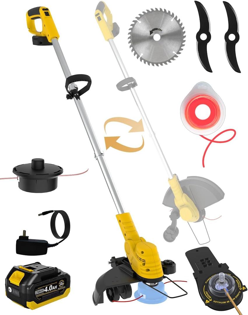20000 RPM(4.0AhX1) Electric Weed Wacker,Dual-Durable-Line,Metal Blades,Wheel,4-in-1 Cordless Weed Eater+Battery Powered String Trimmer+Edger Lawn Tool+Brush Cutter,Weed Whacker,Weed Trimmer Lawn