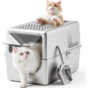 Large Enclosed Stainless Steel Litter Box with Lid, 19.7"x13.8"x13.8" High Sided Metal Cat Litter Box for Indoor Cats, Covered Dog Proof Kitty Litter Pan, Odor Free Tray, Non Sticky, L