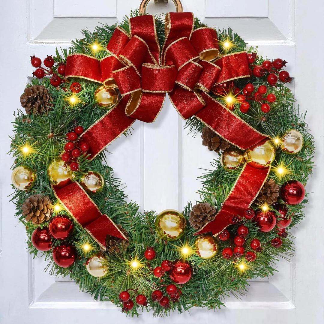 Christmas Wreaths for Front Door with Bow, 16" Christmas Door Wreath with Balls Berries & Pine Cones, Christmas Wreath for Door Home Wall Outdoor Decor
