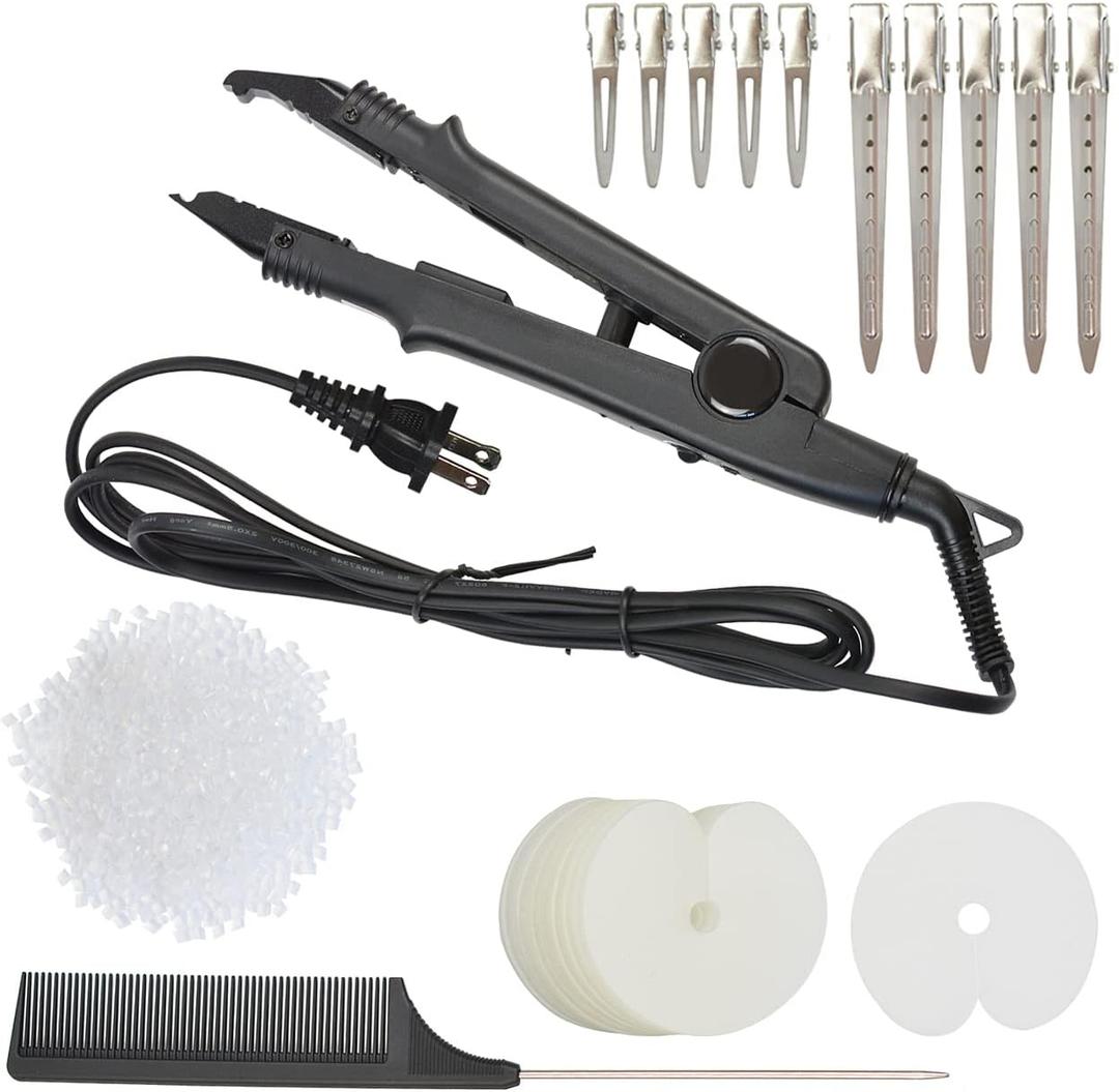 Hair Extensions Tool Kits with Fusion Heat Iron Connector Wand US Plug 50 Pcs Single Hole Heat Shield Guards 10 Pcs Hair Clips 50g Keratin Beads (Black A Head)