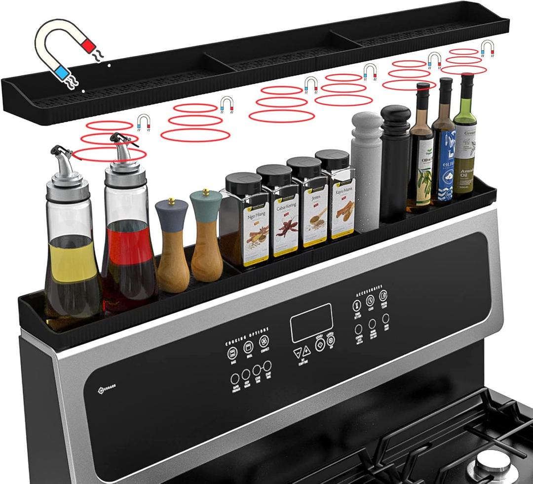 30 Inch Silicone Stove Top Shelf Magnetic for Kitchen, Strong Magnetic Heat Resistant Spice Rack Organizer for Over Stove Oven - (Black)