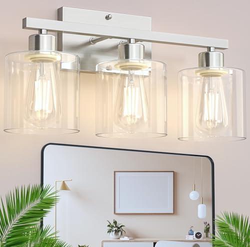 Phaosio Bathroom Vanity Light Fixtures 3-Light Wall Sconce, Brushed Nickel Mirror Light with Clear Glass Shade, Easy Install Bedroom Hallway Lighting, E26 Base