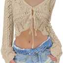 Saodimallsu Womens Crochet Crop Tops Tie Front Bell Long Sleeve Cardigan V Neck Lightweight Knit Shrug Sweaters, M