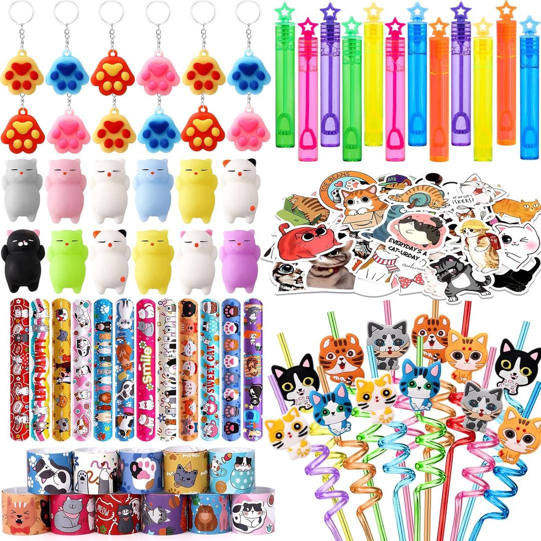 Winrayk Cat Party Favors Birthday Supplies for Kids Girls, Squishy Toy Straw Mini Bubble Wand Keychain Slap Bracelet Sticker, Classroom Pinata Filler Goodie Bag Stuffer Cat Themed Party Favors Decor
