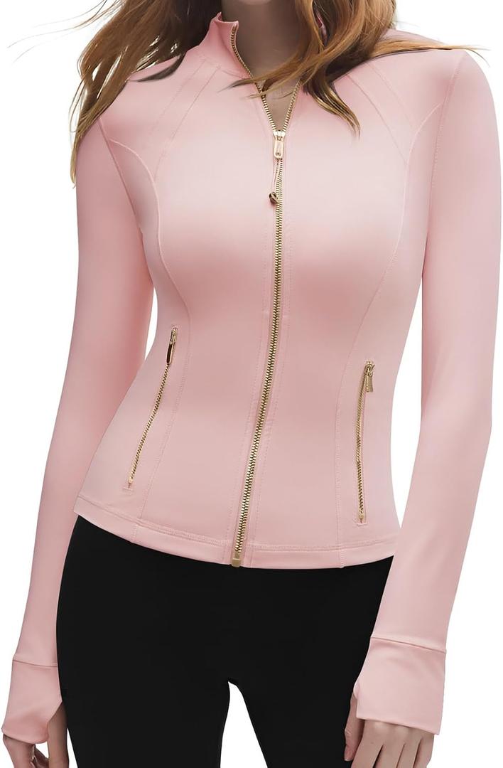 SUUKSESS Women Golden Full Zip Up Workout Cropped Jackets Lightweight Slim Fit Athletic Yoga Tops with Thumb Holes (Light Pink, S)
