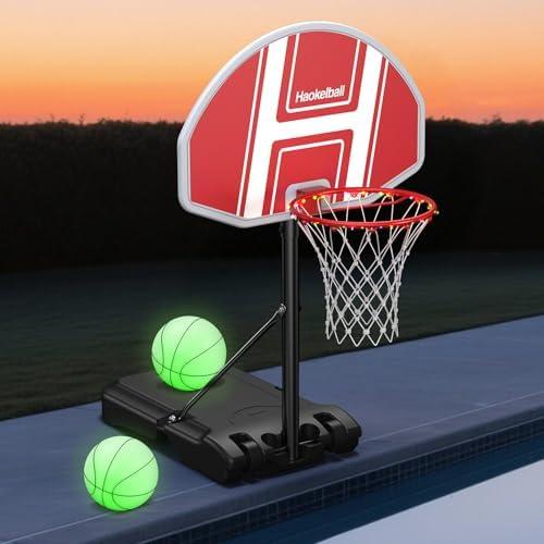 Haokelball Pool Basketball Hoop Outdoor Poolside Water Basketball Hoop with Adjustable Height 45"-59" Swimming Pool Basketball Game with 2 Balls and Pump (Red)