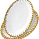 Serving Platters, Ceramic Oval Serving Platters,12 Inch Serving Dishes/Trays for Party Entertaining, Porcelain White Dinner Plates with Gold Trim for Sandwich, Appetizer, Fruit, Desserts, Set of 2