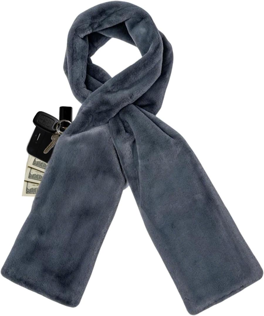 Faux Fur Scarf With Hidden Zipper Pocket, Soft Cozy Warm Pocket Scarf for Hands-Free Storage Phone