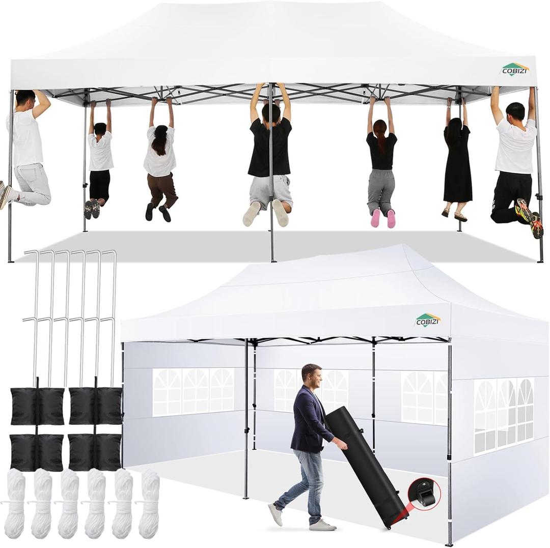 COBIZI 10x20 Pop-up Canopy Tent 10x20 Canopy with 6 Sidewalls Waterproof Heavy-Duty Commercial Canopy Tent for Parties Outdoor Garden Gazebo, Carry Bag with Wheel(10x20ft, White)