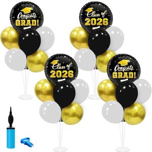 Graduation Decorations - 4 Set Balloon Stands, Class of 2026 Congrats Grad Table Centerpieces for Graduation Party Supplies(Gold& Black)