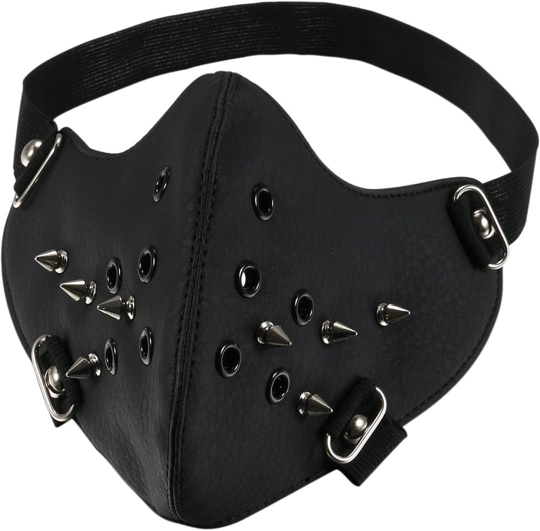 Punk Faux Leather Mask, Wind Protector Motorcycle Biker Half Face Mask, Anti-Dust Sport Mask Halloween Costume (Elastic/Spike/Black)