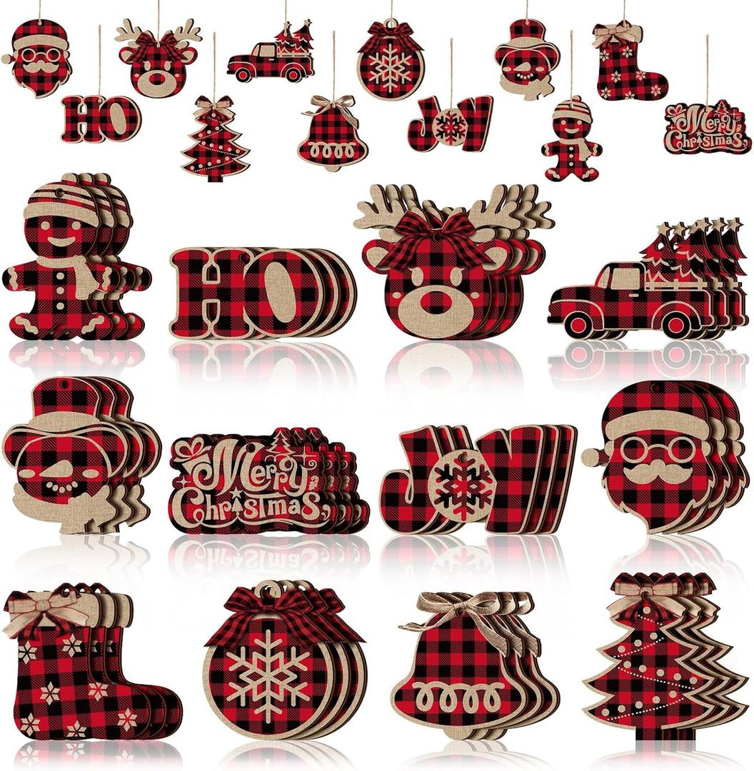 36 Pieces Christmas Buffalo Plaid Hanging Ornaments Christmas Tree Wooden Hanging Decor Wooden Christmas Ornaments Snowflake Reindeer Snowman Plaid Christmas Decor, 12 Styles(Black Red)