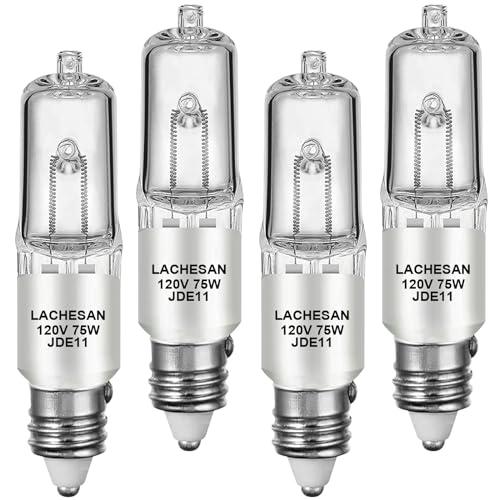 Lachesan JDE11 120v 75w, 55mm E11 Halogen Bulb（Replacement E11 Led Bulb） T4 Mini Candelabra Base, 2700K Warm White Dimmable for Chandeliers, Ceiling Fan, Table Lamps, Cabinet Lighting, 3 Pack