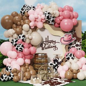 Cowgirl Balloon Arch Garland Kit, Dusty Pink Light Pink Brown Sand White Balloons with Cow Print Balloons for Western Baby Shower Farm Cowboy Birthday First Rodeo Party Decorations