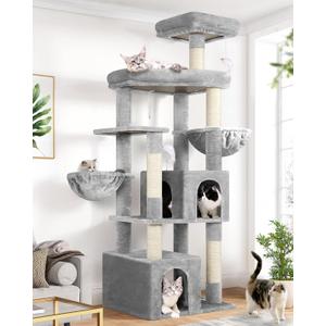 Globlazer Sturdy Cat Tree, 68-inch Large Cat Tower for Indoor Adult Cats 20 lbs Heavy Duty Cat Tree for Big Cats with Extra Large Platform, 5 Scratching Post, S68, Cloud Grey