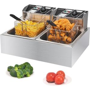 Commercial Deep Fryer with Baskets, 3400W 12.7QT/12L Thickened Stainless Steel Countertop Electric Oil Fryer, Large Capacity with Temperature Control
