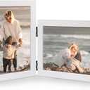 Vertical Horizontal Combo, Double 4x6 White Wood Foldable Picture Frame, Opening 3.5x5.5, Stand on Desk-top, Portrait and Landscape View