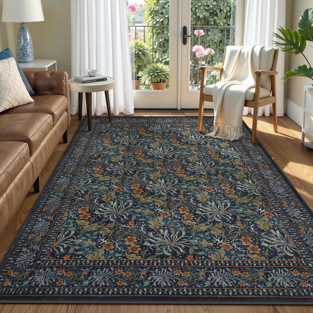 Collive Dark Green 5x7 Area Rugs, Washable Living Room Bedroom Rug, Vintage Floral Boho William Morris Botanical Rug, Soft Non Slip Low Pile Stain Resistant Carpet for Dining Room OfficeNavy Blue