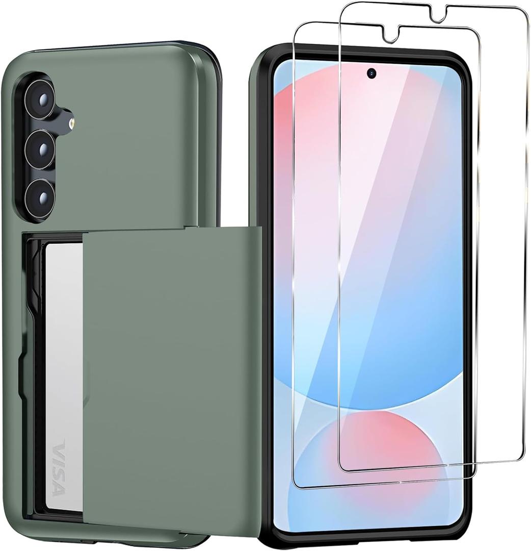 for Samsung Galaxy 24 FE Wallet Case with Card Holder, 2X Screen Protector Dual Layer Protective Shockproof Hidden Card Slot Slim Wallet Men Women for Samsung 24 FE 5G 6.7  (Deep Green)