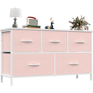 OLIXIS Dresser for Bedroom with 5 Drawers, Wide Chest of Drawers, Fabric Bedroom Dresser with Drawer Organizer, Storage Organizer Unit with Fabric Bins for Closet, Living Room, Hallway, Pink, 11.9"D x 38.1"W x 20.9"H