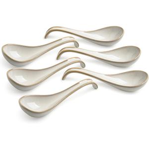 LYEOBOH Asian Soup Spoons, 6.5 inch Ceramic Soup Spoon Set of 6, Dinner Spoons with Deep Hook for Home, Kitchen, Dishwasher & Microwave Safe, Farmhouse Style, Beige