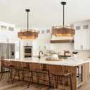 19.5" Farmhouse Rattan Chandelier Light Fixture, 4-Light Boho Drum Chandeliers with Wood Texture, Hand-Woven Rattan Pendant Light for Dining Room Kitchen Island Living Room Bedroom Hallway