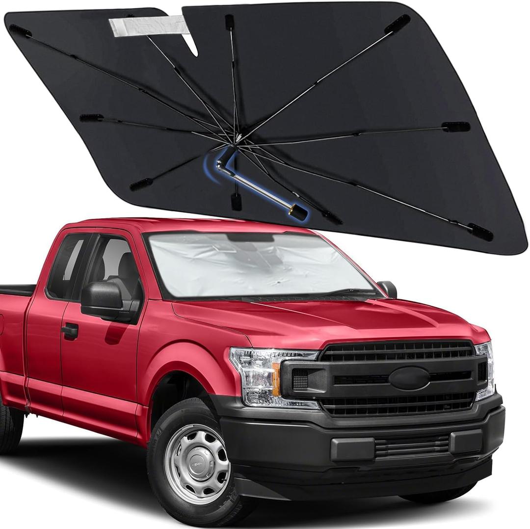 Windshield Sun Shade for Ford F150 2015-2020, Custom Fit Foldable Umbrella Sunshade with 360° Rotating Shaft, Front Window Shade for UV & Heat Protection, Easy Storage Car Sun Shield