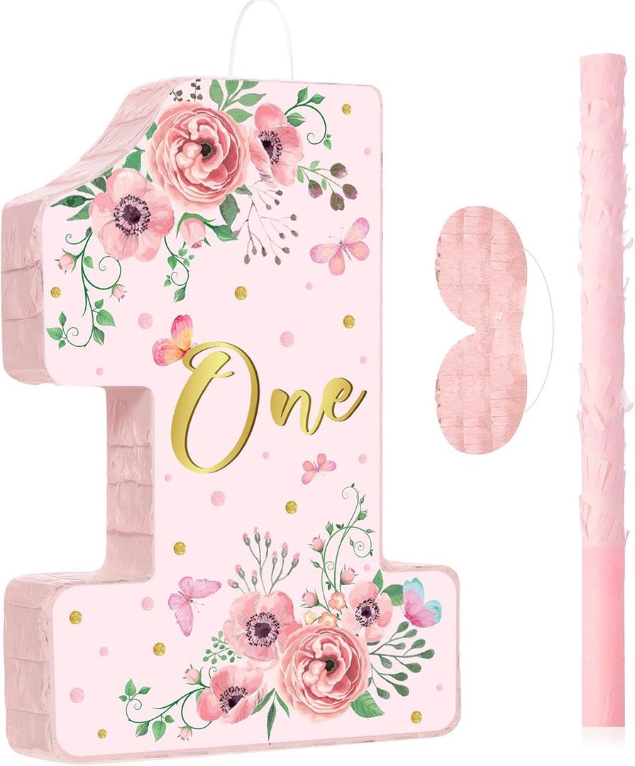 Pink Floral Piata Number 1 Piata Set with Blindfold, Bat and Filler for Flower Theme Gender Reveal Baby Shower Kids First Birthday Party Supplies