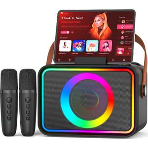 Karaoke Machine,Portable Bluetooth Speaker with 2 Wireless Microphone for Adults & Kids with LED Lights, Karaoke Microphone with PA System Supports USB/TF/AUX,Gift for Party(Black)