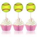 48 Pieces Softball Themed Cupcake Toppers Yellow Baseball Cake Picks Birthday Cake Decorations Cupcake Toppers for Men Boys Girls Sports Party Supplies Decor Ornament Wedding Plates Games Sticks
