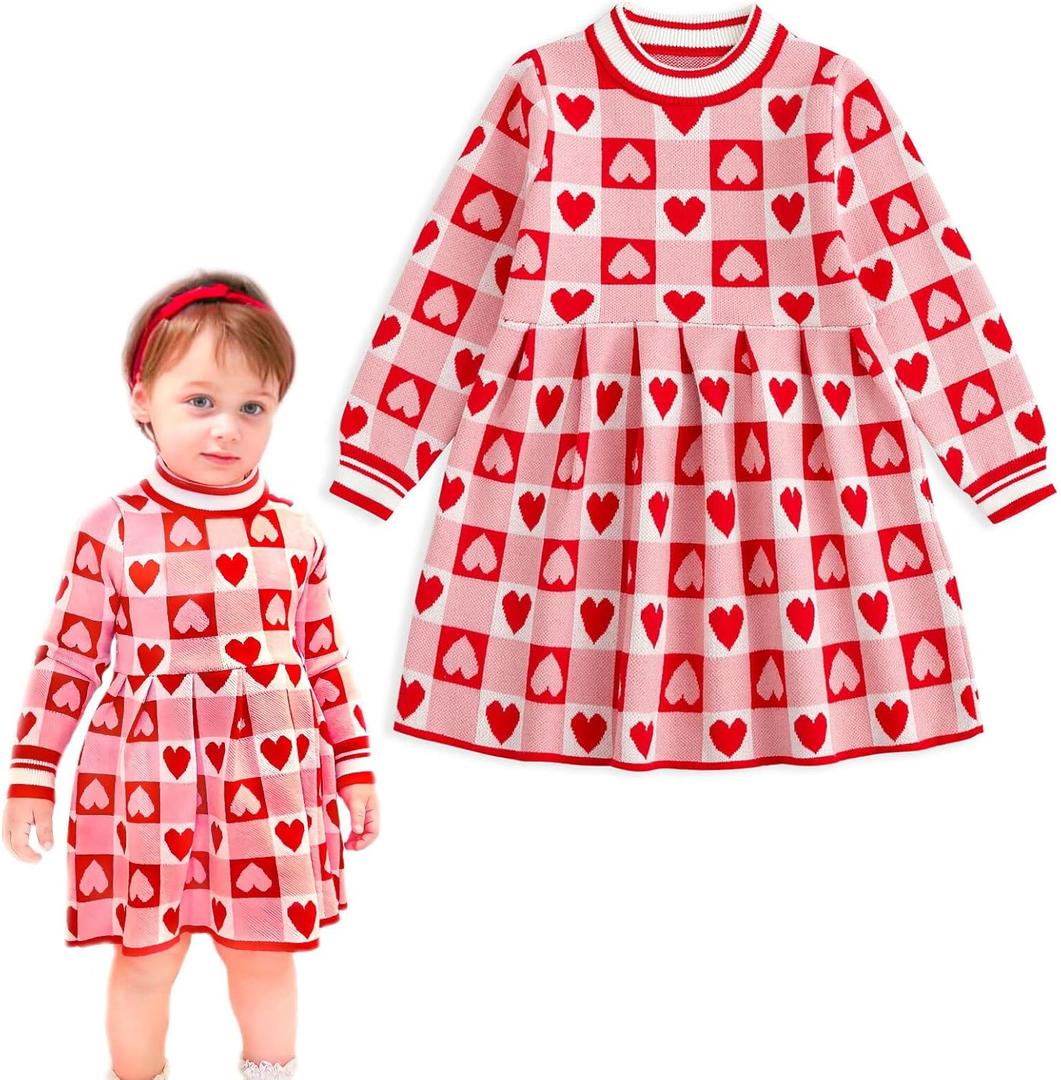 Curipeer Infant Toddler Girls Sweater Dresses Long Sleeve Ribbed Knit Pullover Ruffle Cozy Dress (2T, A-aa-heart Pattern)