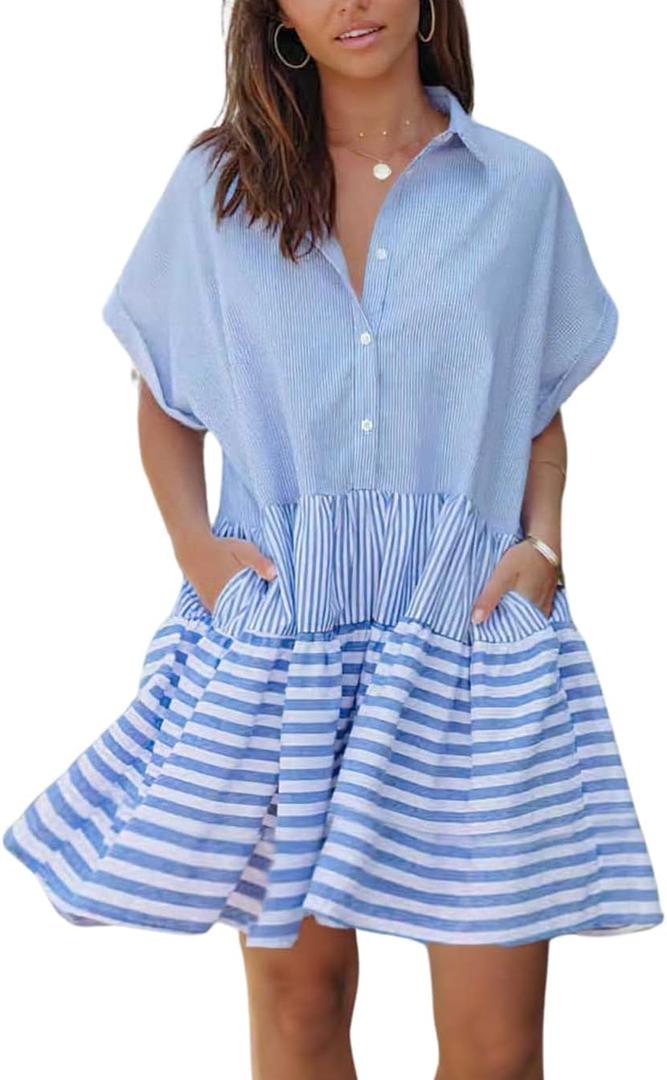 Chouyatou Women Summer Beach Short Sleeve Striped Shirt Dress Button Down Tiered Mini Tunic Babydoll Dress (Blue, XL)