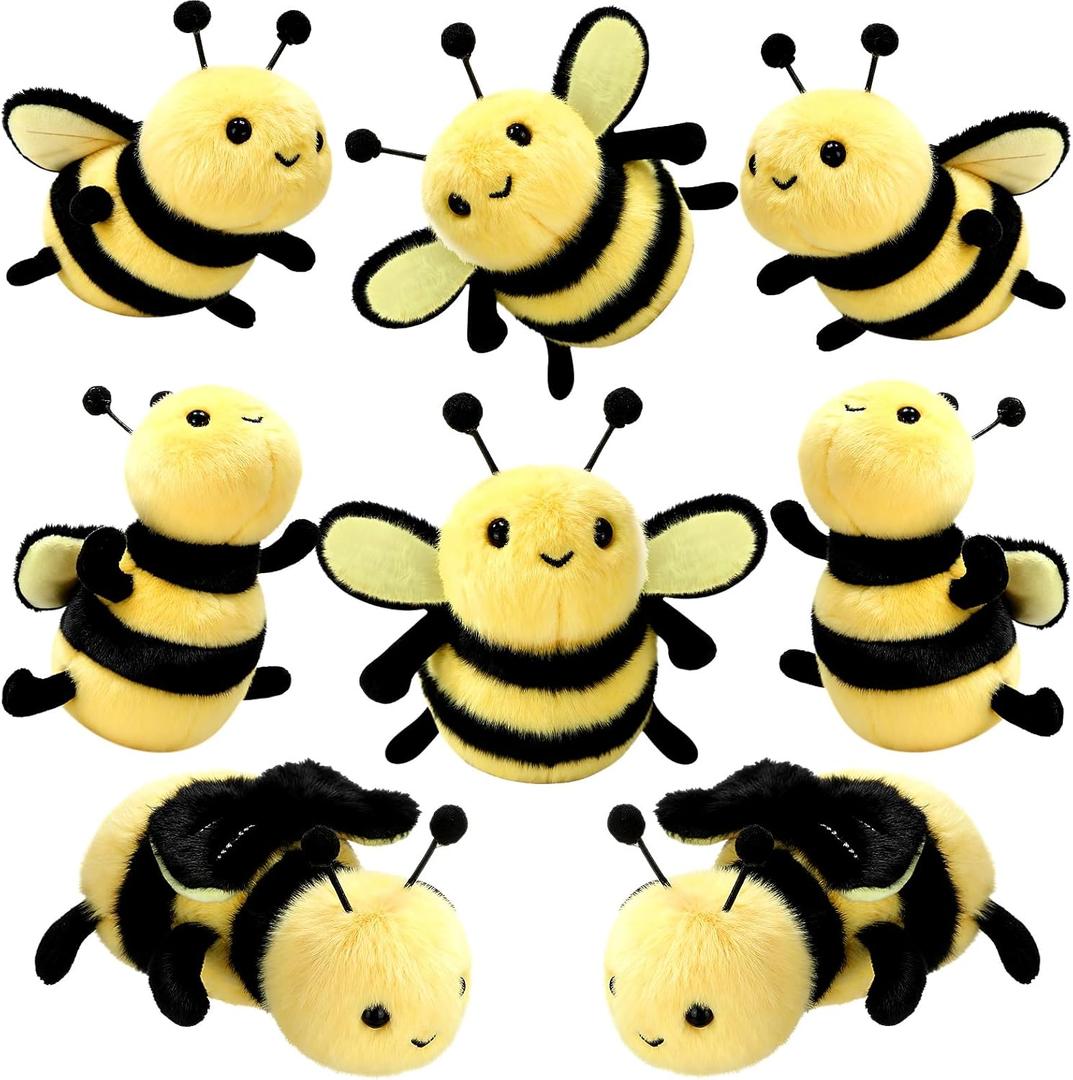 Sratte 8 Pcs 4.72 Inches Stuffed Bees Plush Soft Small Bee Stuffed Animal Honeybee Plush Keychains Realistic Cartoon Toys Adorable Doll for Baby Shower Birthday Party Favors (Novel Style)