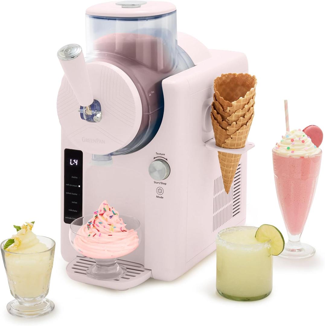 GreenPan Frost Ice Cream Maker & Slushie Machine, Soft Serve, Sorbet, Margaritas, Milkshakes, Frozen Yogurt, No Pre-Freezing, Ready in 15 Mins, 6 Modes, 7 Textures, Self-Cleaning, Family Size, Pink
