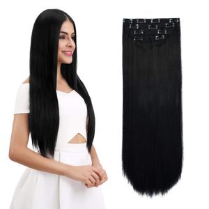 REECHO Multi-Length 20" 22" 24" Long Straight Synthetic 4 PCS Set Thick Clip in on Hair Extensions Natural Black (20" 22" 24"-260 Gram (Pack of 4), Natural Black - Straight)