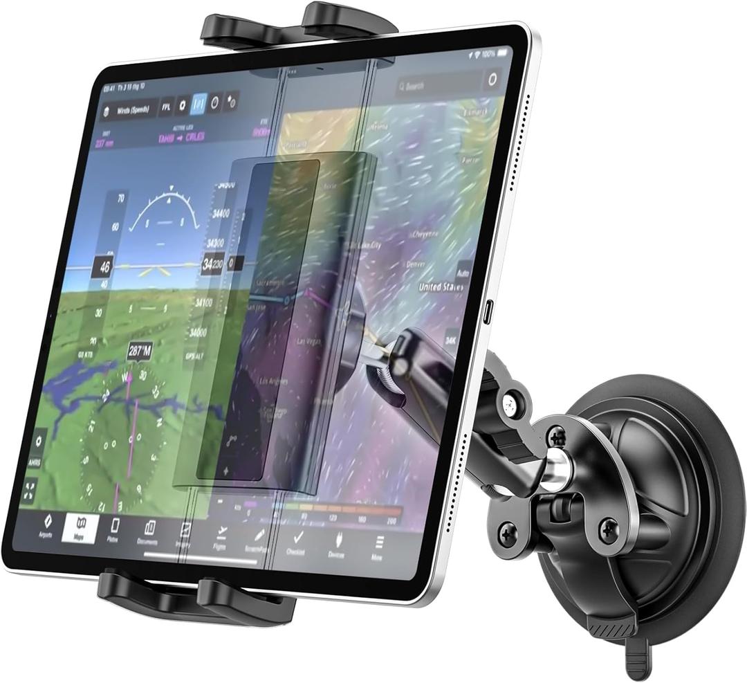 Pilots Tablet Holder, [Strong Suction Cup] Aircraft Tablet Mount with Metal Adjustable Arm, Aviation Windshield Stand for iPad mini Air, iPad Pro 13 12.9 11, Galaxy tab, iPhone, 4-13" Devices