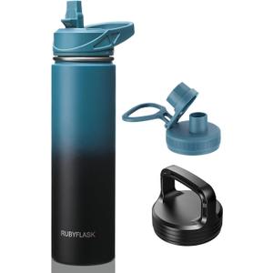RUBYFLASK 24oz Insulated Water Bottle with Straw, Stainless Steel Metal Vacuum Water Flask, Large Thermal Water bottle with Leakproof 3 Lids for Travel, Camping, Gym Sports Indigo Black