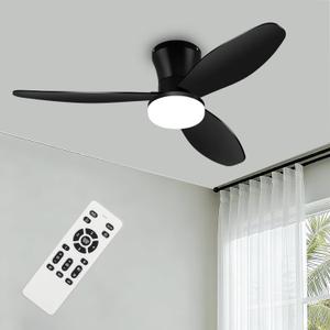 Small Ceiling Fan with Light - 42 Inch Flush Mount Ceiling Fan with Lights and Remote, Low Profile Ceiling Fans with 3 Reversible Blades, 6 Wind Speeds, Black Ceiling Fans for Bedroom