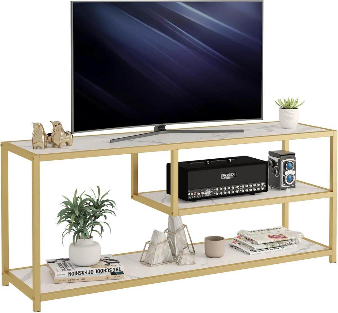 Function Home TV Stand for TVs up to 55 Inch, 3 Tier Entertainment Center, Media Console with Open Storage Shelves for Living Room Bedroom, 47 Modern TV Table with Faux Marble Top Gold Metal Leg