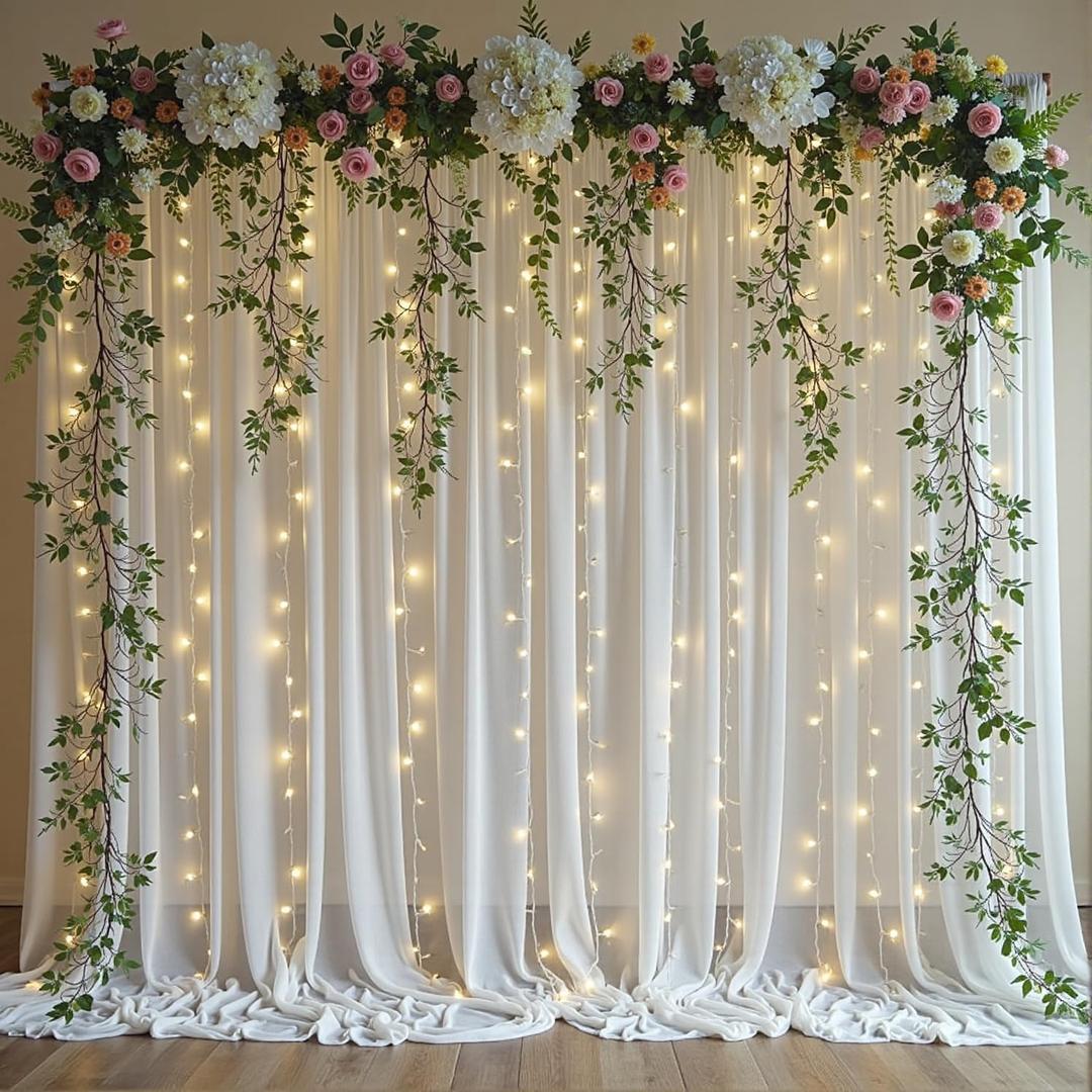 White Tulle Backdrop Curtain with Lights, Elegant Sheer Photo Backdrop Drapes, Soft Fabric & LED Curtain for Weddings Brithday Parties Photography Background Decor, 10ftx8ft