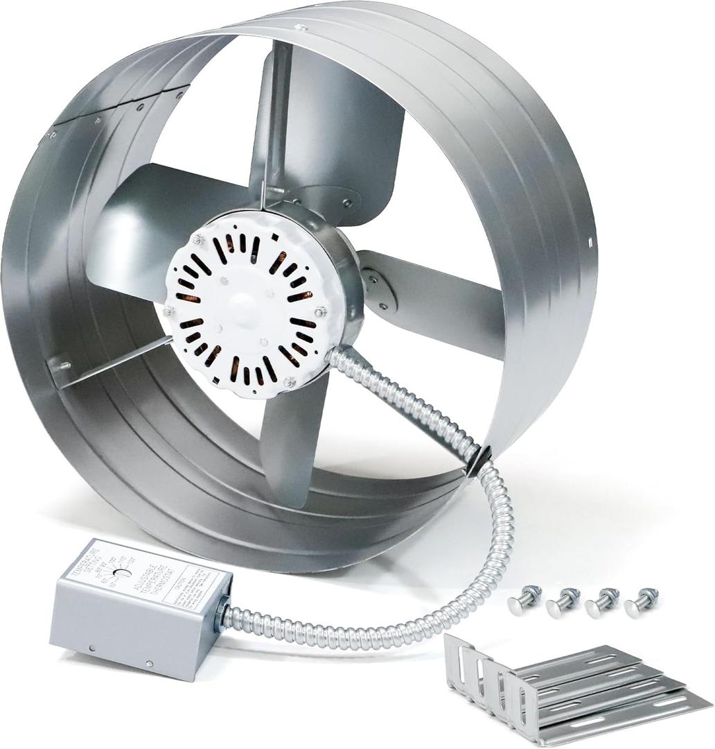 Gable Mount Power Attic Fan with Adjustable Thermostat, 15 Inch Attic Exhaust Fan, 1600 CFM, 1050 RPM, 4 Amp