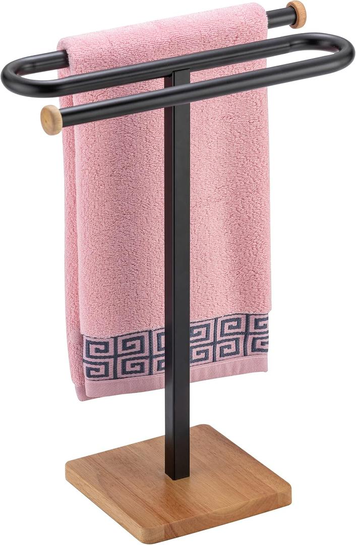 ZCDCP Hand Towel Holder Stand, S-Shape Countertop Towel Stand with Wood Base Freestanding Towel Rack for Bathroom (Black)