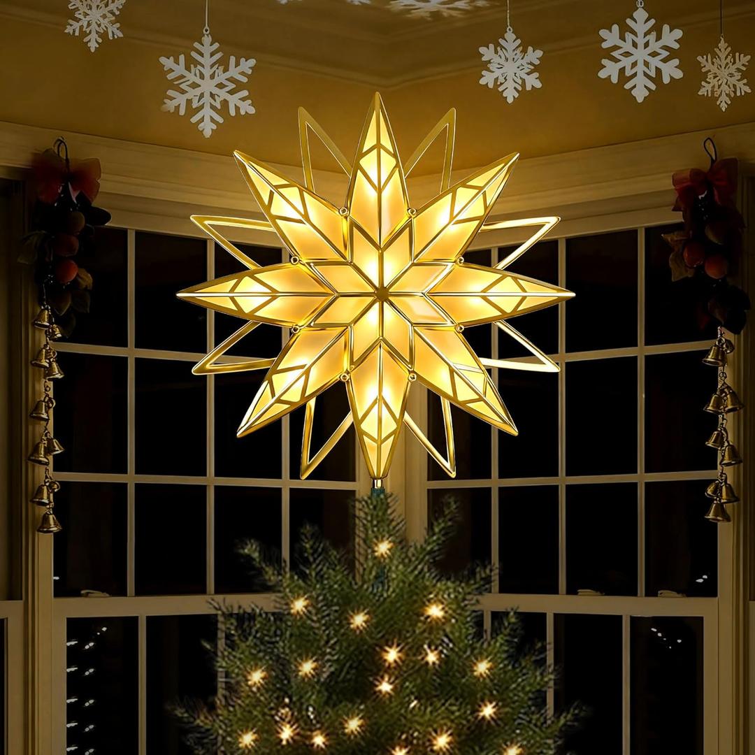 Christmas Tree Topper, 11.8 Inch Gold Christmas Star Topper with 10 LEDs Lights, 3D Tree Star Xmas Decorations Indoor (Clamp/Pole Mount) (Warm White)