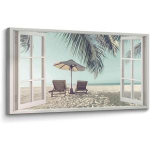 Window Beach Wall Art Canvas: Relaxing Coastal Scene Picture Tropical Sea Landscape Painting Print Decor Horizontal Bedroom Living Room Summer Seaside Seascape Artwork for Home Office, Beach, 40"L x 20"W
