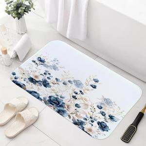 Sanzugh Navy Blue and Gold Flower Bath Mat Rug for Bathroom, Boho Watercolor Floral Leaves Cute Bathroom Floor Rugs Mats Non Slip Kitchen Indoor Decor Decoration Accessories 17X29 Inches