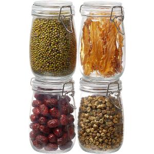 BJONKZ 4 Pack 34 oz Glass Jars with Airtight Lids Food Storage Containers with Preserving Seal Wire Clip Fastening, Glass Canisters for Kitchen Canning Flour, Cereal, Sugar, Beans (34oz*4)