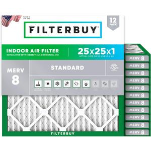 Filterbuy 25x25x1 Air Filter MERV 8 Essential Dust & Allergy Defense (12-Pack), Electrostatic Pleated HVAC AC Furnace Filters Replacement, Made in USA (Actual Size: 24.50 x 24.50 x 0.75)